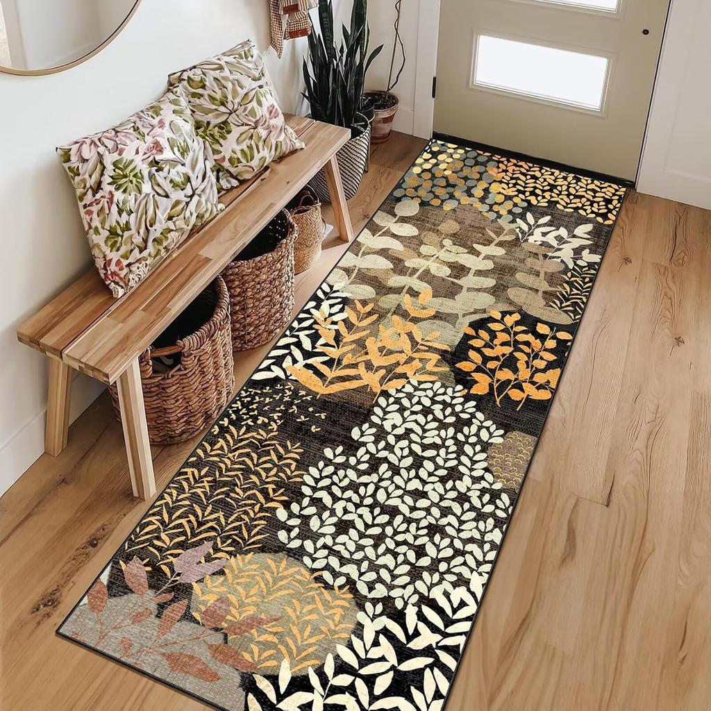 Boho Blätter Blumendruck Läufer Teppich Lang Rutschfest Eingangsbereich Bodenmatte Herbst Winter Innen Teppich für Küche Badezimmer Schlafzimmer