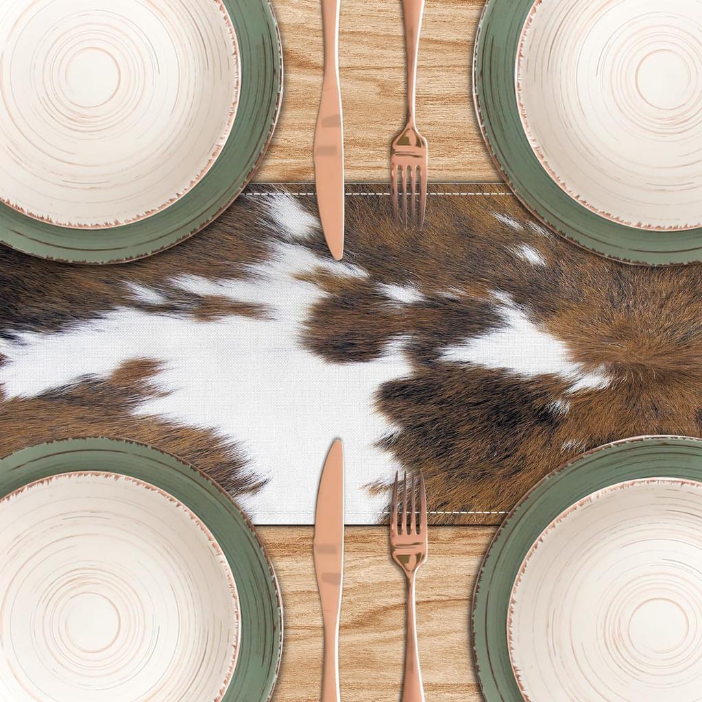 Western Cow Print Linen Table Runner Holiday Party Decor Reusable Farmhouse Kitchen Dining Table Runner Wedding Decorations
