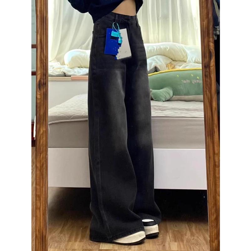 Women's Plus Size High Waist Black Wide Leg Jeans, American Style, Spring/Autumn 2024 Collection