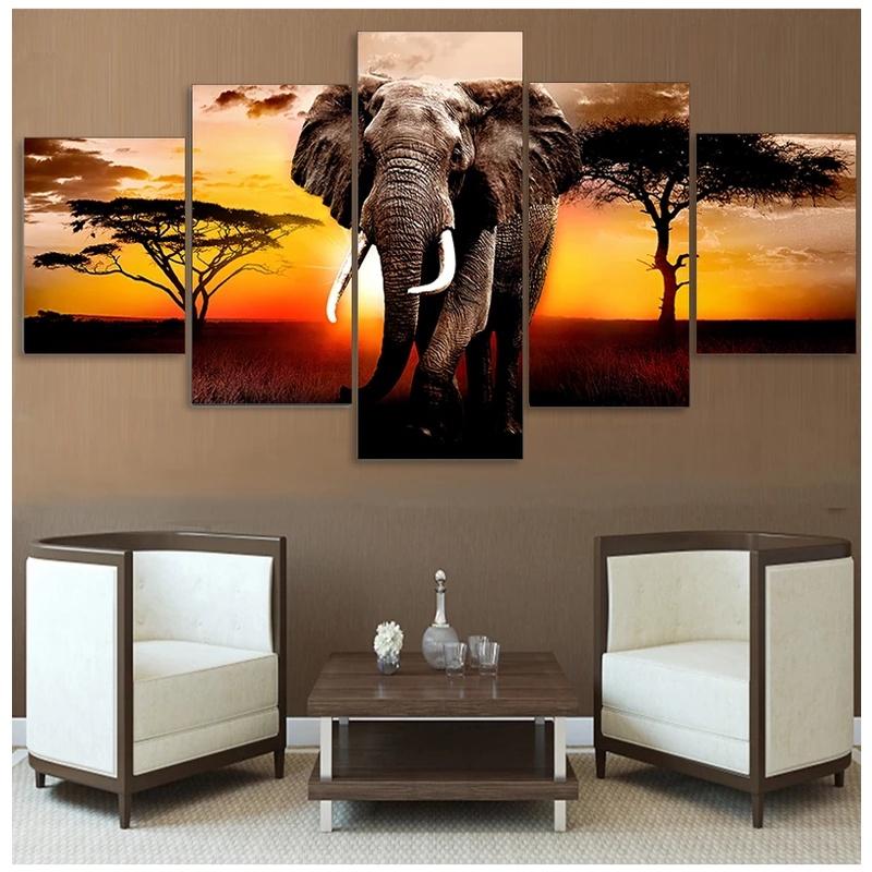 5 Paneler Elefantaffischer Canvasmålning Modern Heminredning Solnedgång Afrikanska Djurtryck Väggkonst Bilder Vardagsrum Utan Ram