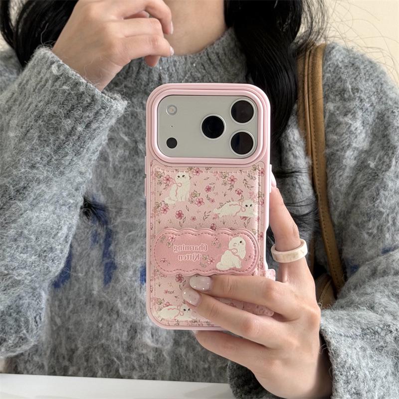 Pink Flower Cat Stand Case for iPhone 17/16 Pro Max/15/14