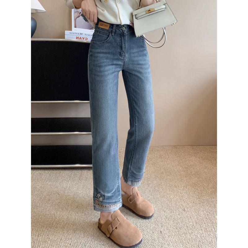 Women's High Waist Embroidered Retro Pipe Jeans - Spring/Autumn 2025 Slim Cropped Straight Leg Pants