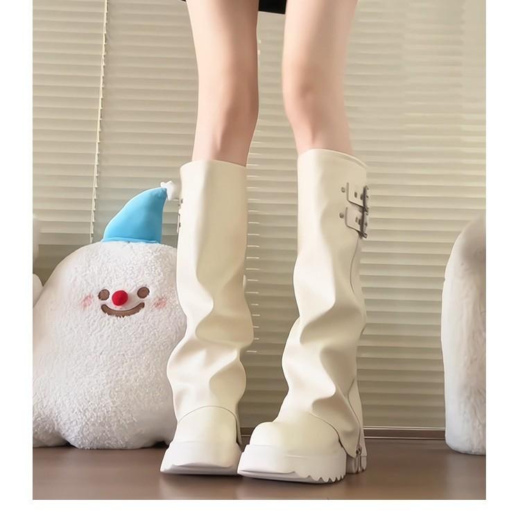 Leather big-headed pant boots stacking boots women's 2025 thick-soled heightening western boots but knee boots tall knight boots
