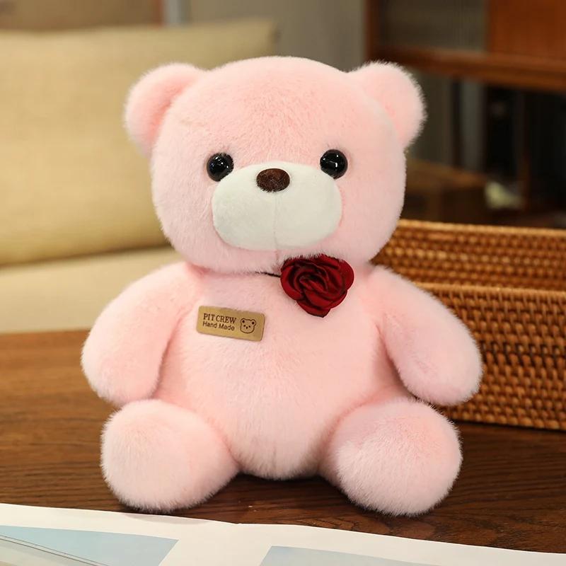 25cm Kawaii Colorful Bow Tie Bear Doll Plush Toy Stuffed Bear with Rose Animal Doll Birthday Gift Pillow for Girls Children