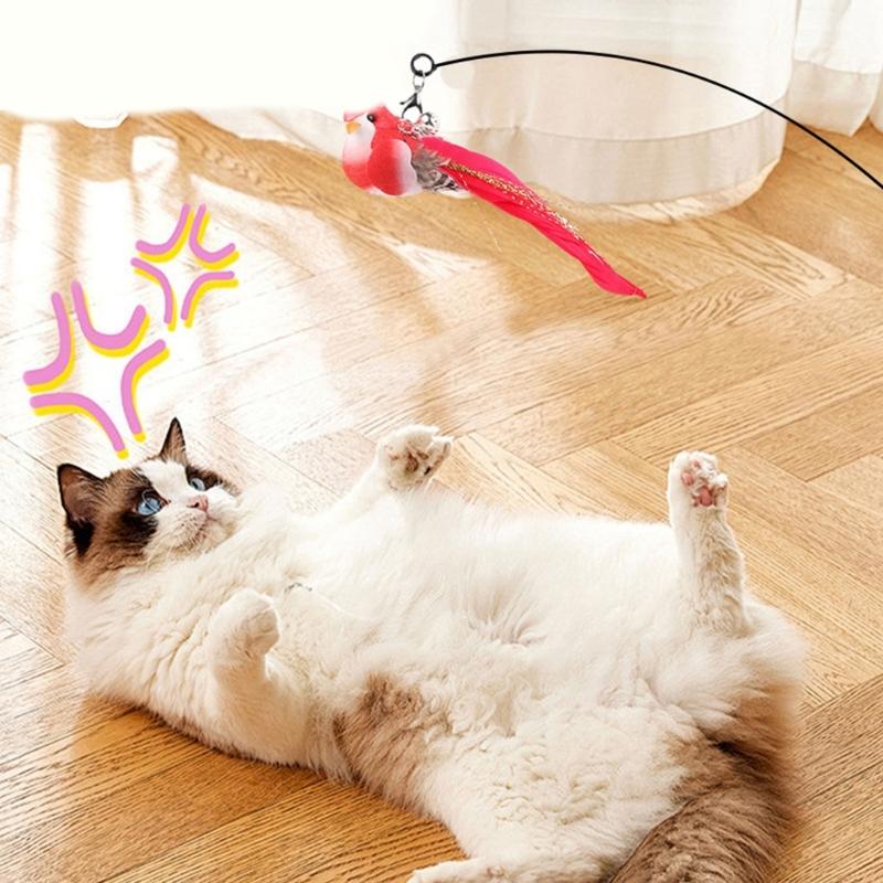 Cats Play Teaser Toy Station With Double Rod Feathered Swirls Colorful Birds Accessories And Suction Cup Mechanism Set