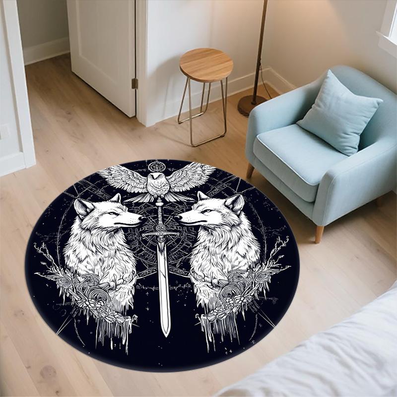 Black and White Wolf,Round Area Rug,Carpet Rug for Living Room Bedroom Sofa Playroom Decor,Non-slip Floor Mat