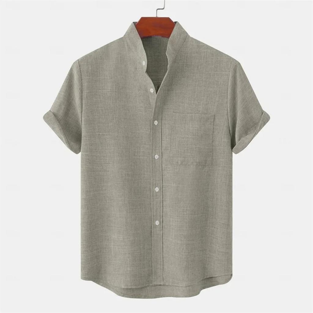 Summer New Stand-up Collar Simple Solid Color Button-down Short-sleeved Shirt Fashion Trend Shirt Men