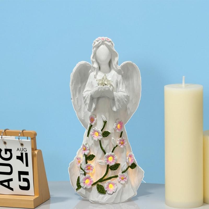 Resin Guard Angel Statue with Night Lights Battery Operated LED Desk Lamp Angel Statue Decors Ornament Collectibles