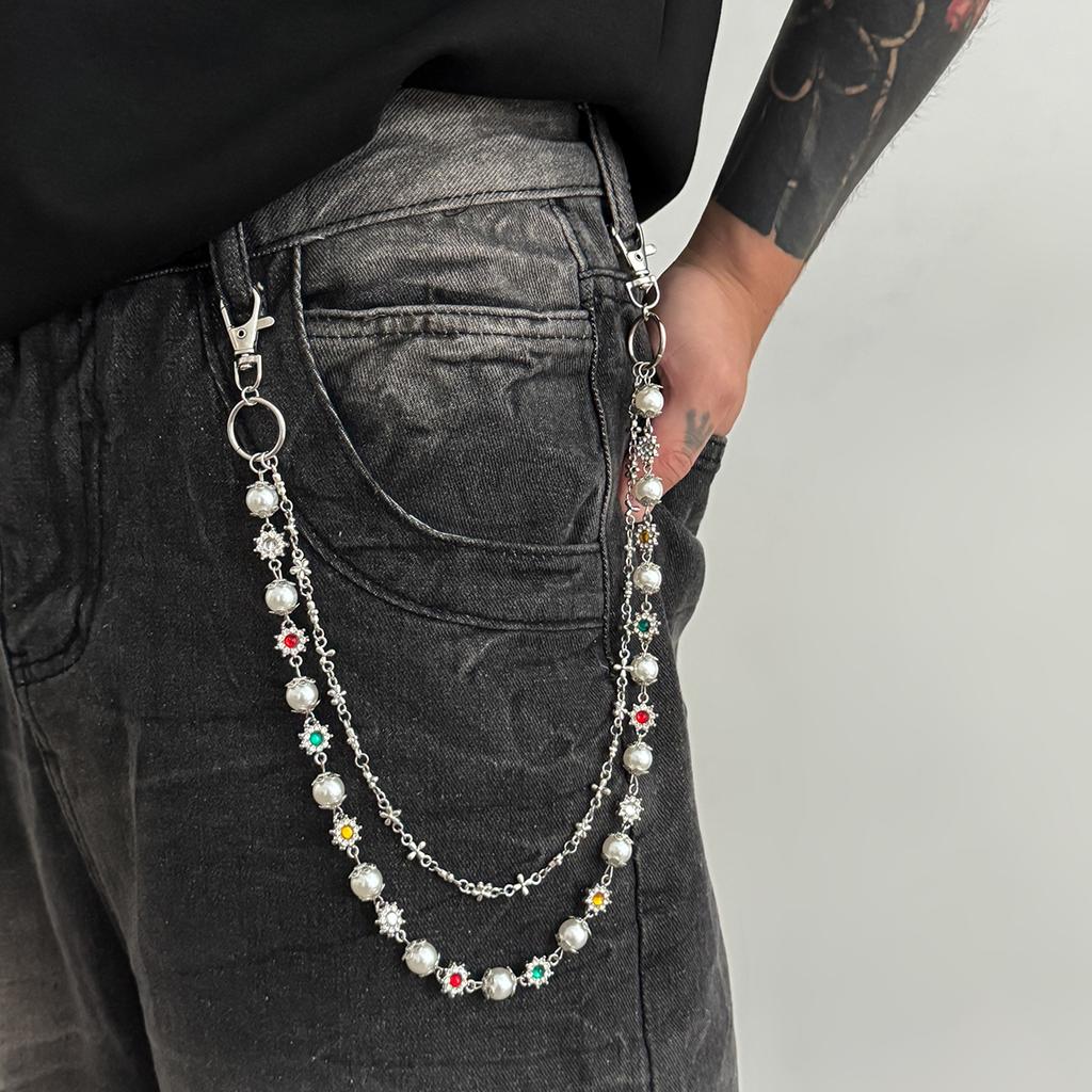 Salircon New Exquisite Luxury Cross Pendant Imitation Pearl Keychain Belt Chain Men Punk Trousers Jean Chain HipHop Jewelry Gift