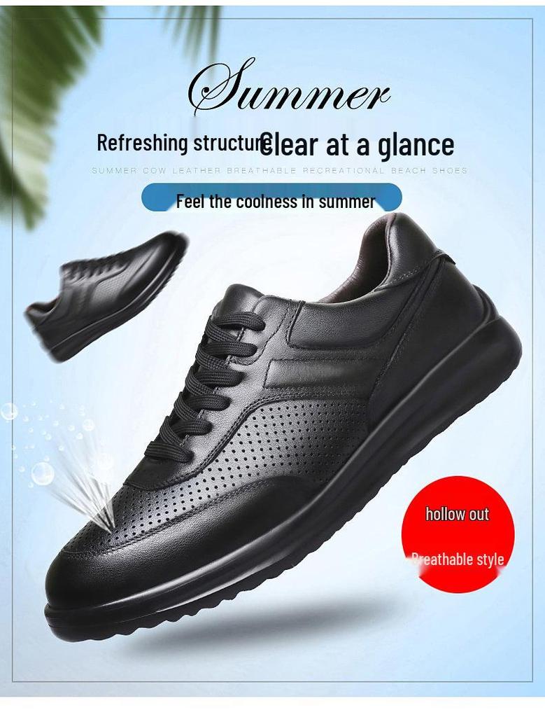 Men's Black Genuine Leather Soft Sole Lace-up Casual Breathable Business Shoes