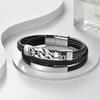 Mens Stainless Steel Leather Woven Bracelet Geometric Chain Design Hip Hop Style Adjustable Length