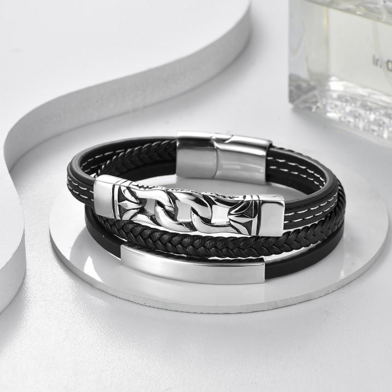Mens Stainless Steel Leather Woven Bracelet Geometric Chain Design Hip Hop Style Adjustable Length