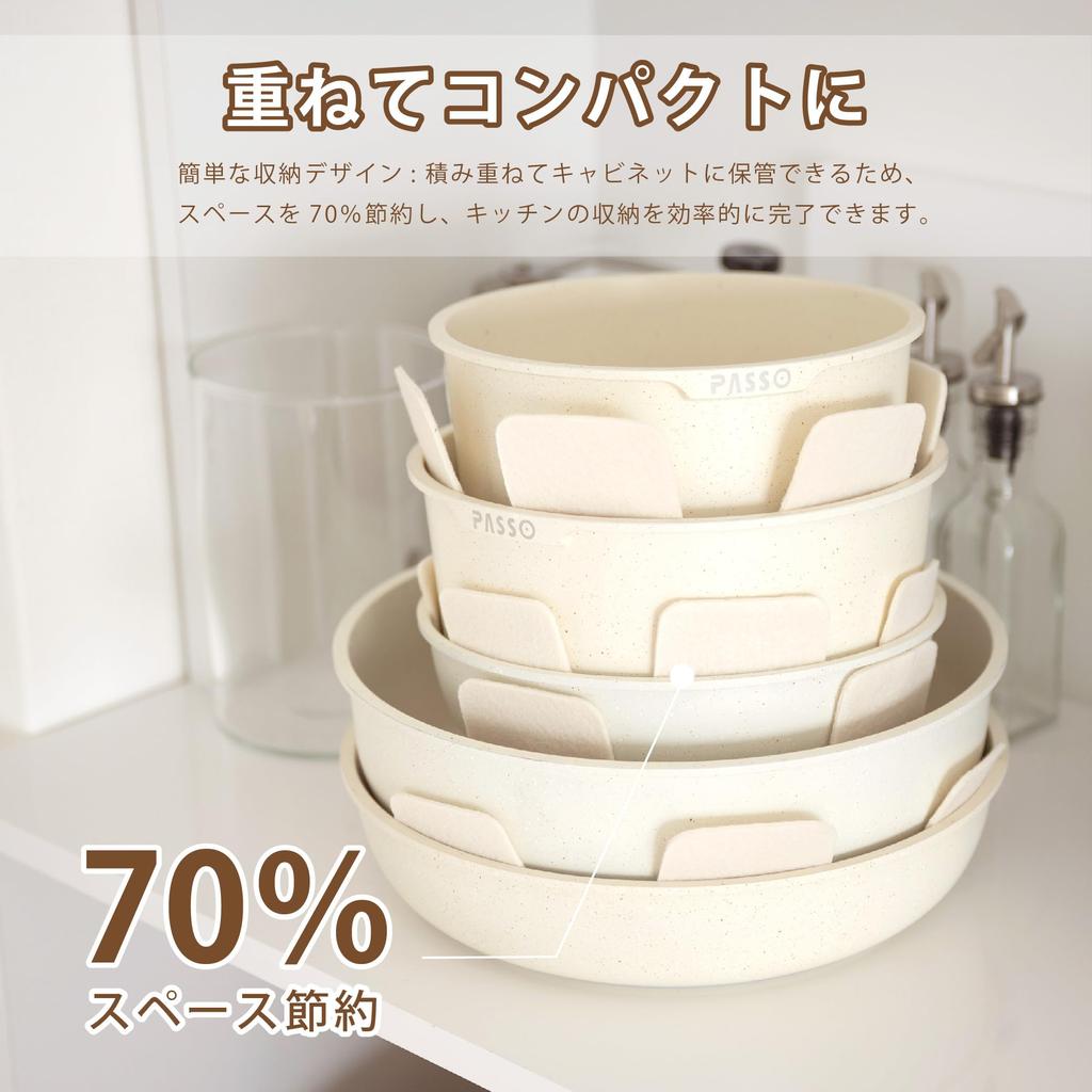 PASSO Frying Pan 5 Compatible with IH to Gas Removable Frying Marble Easy to Oven Kitchen One Year Beige Set, Pieces, Fires, Handle, Pan, 18cm, 26cm,