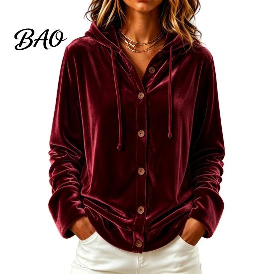 Soft Velvet Clothing Women Button Front Hoodie, Long Sleeve Hooded Jacket, Loose Fit Jacket Casual Drawstring Coat for Autumn Winter Outerwear
