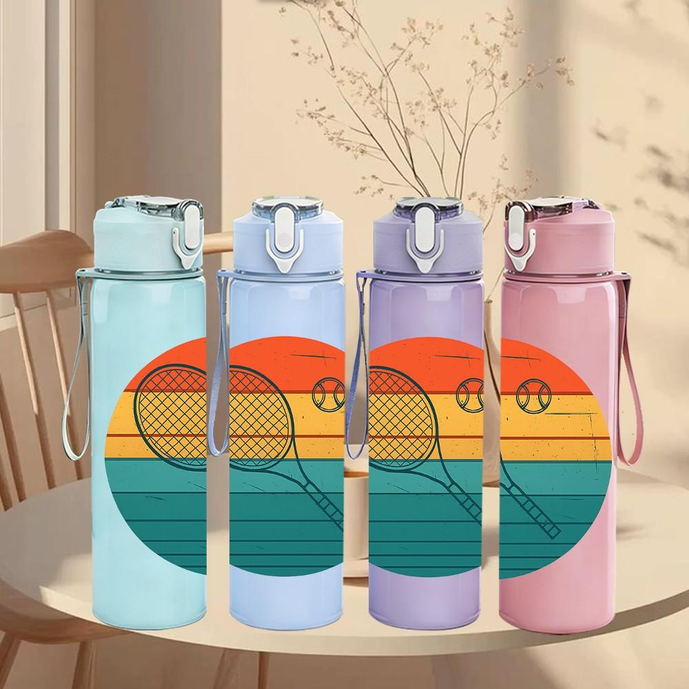 1PC Tennis Racket Sunset Circle 750ml Color Plastic Sports Water Bottle Leakproof Flip Straw Lid Suitable for Sports Office Home Use