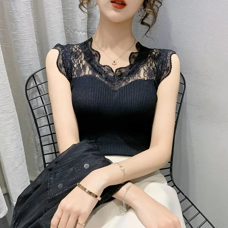 Maglia da donna con scollo a V in pizzo e cuciture senza maniche Gilet in seta ghiacciata Camicia tinta unita Slim Fit Bretelle elastiche Canotte con fondo lavorato a maglia
