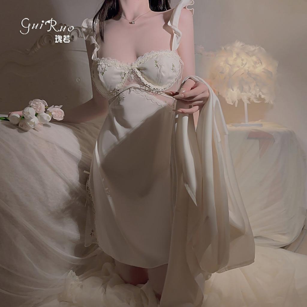Satin V-neck Plus Chest Pad Sexy Halter Lace-up Temptation Suspender Nightdress Robe Home Set