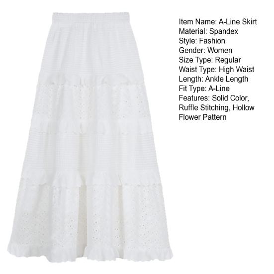 Women Maxi Skirt Elastic High Waist A-Line Skirt Solid Color Hollow Crochet Flower Pattern Ruffle Stitching Cake Skirt