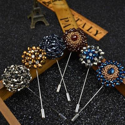 Moda Çiçek Erkek Broşları Uzun Broş İğneleri El Yapımı Erkek Yaka İğnesi Takım Elbiseler için Rhinestone