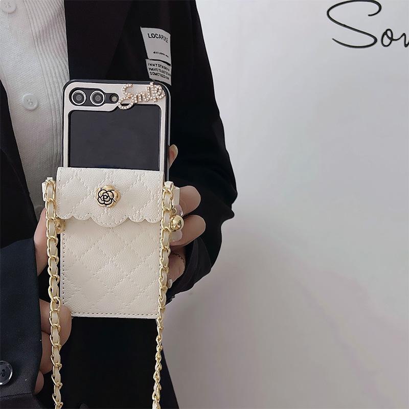 Camellia Plaid Wallet Flip Phone Case for Huawei P50 Pocket Folding for Samsung Zflip5 Chain 4