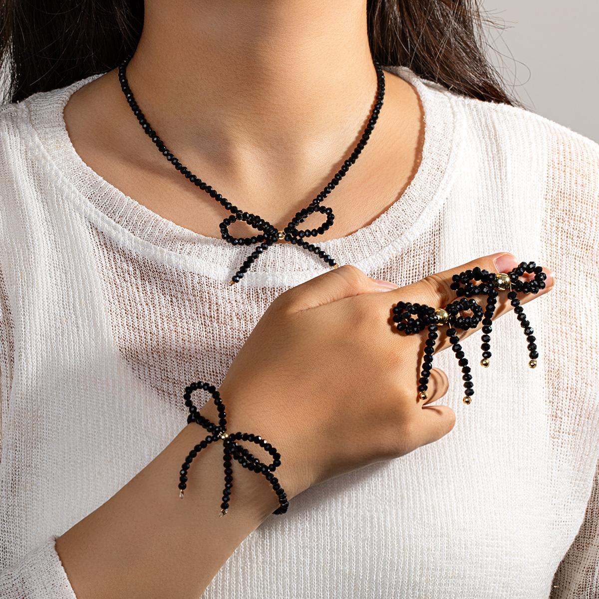 

3-piece black glass bead bow necklace bracelet earrings women s jewelry set