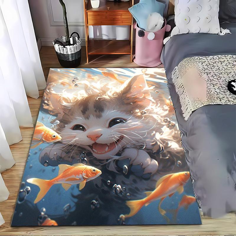 Cute Cat and Goldfish Playful Scene Printed Carpet for Home Decor Suitable for use as an anti-slip for living room bedroom sofas