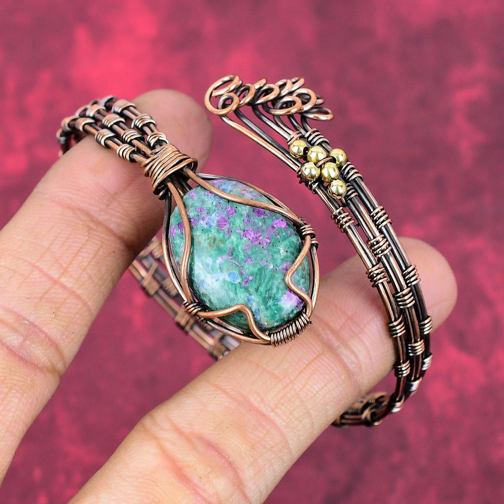 Ruby fuchsite bangle copper wire wrapped jewelry adjustable cuff bracelet handmade jewelry gemstone bangle gifts for her copper wire jewelry