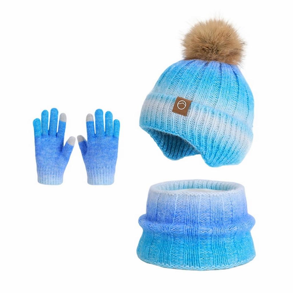 Three-piece Set Of Children's Hat, Gloves And Scarf - For Boys And Girls, Winter Fleece-lined Warm Earmuff Gradient Color Wool Knitted Hat