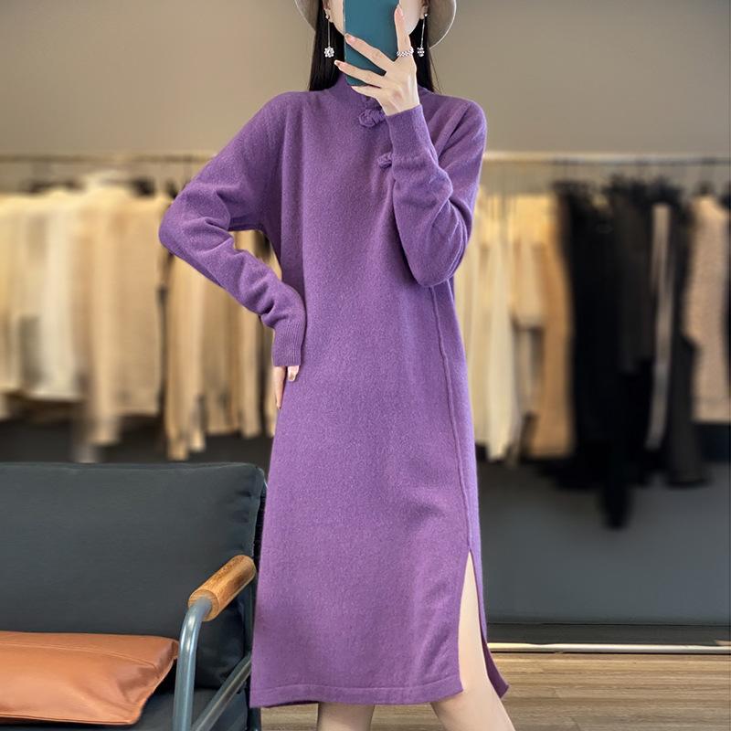 Langes Wollkleid für Damen mit Stehkragen mit Schnalle für Herbst und Winter Neu Hautfreundlich und Warm Retro Vielseitiger Kaschmir Strickrock