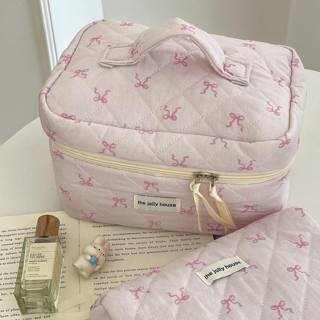 Cotton Pink Ribbon Bow Makeup Bag With Breathable Design For Students And Daily Use