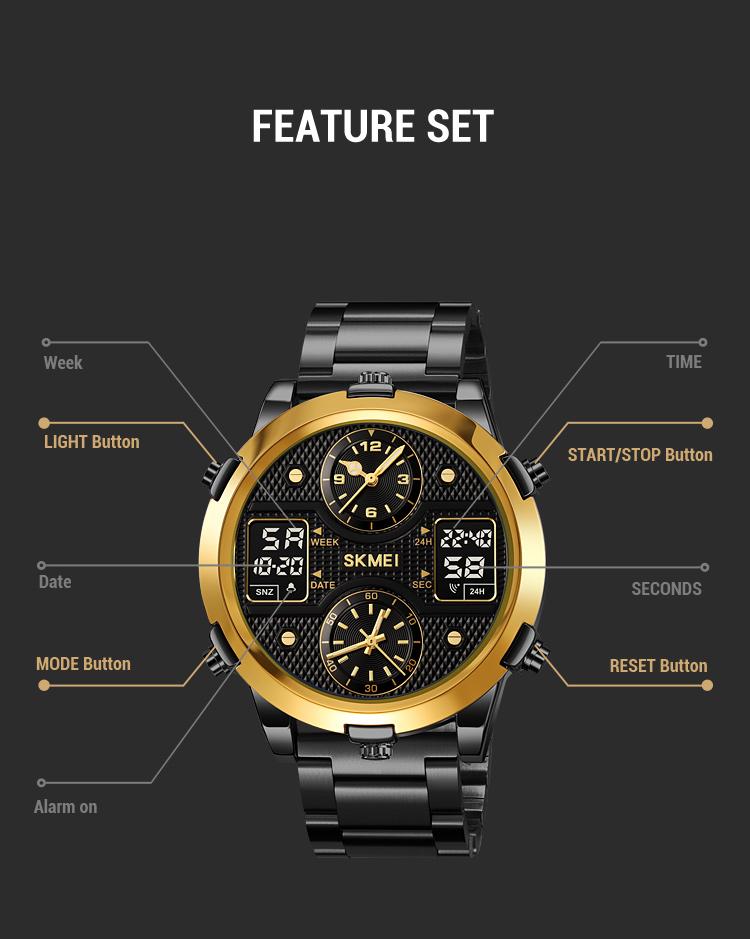 SKMEI 2212 Trend Design Digital Movt 4Time Date Week Display Watch Men 12/24 Hour Clock Stainless Steel / Silicone Strap Watches