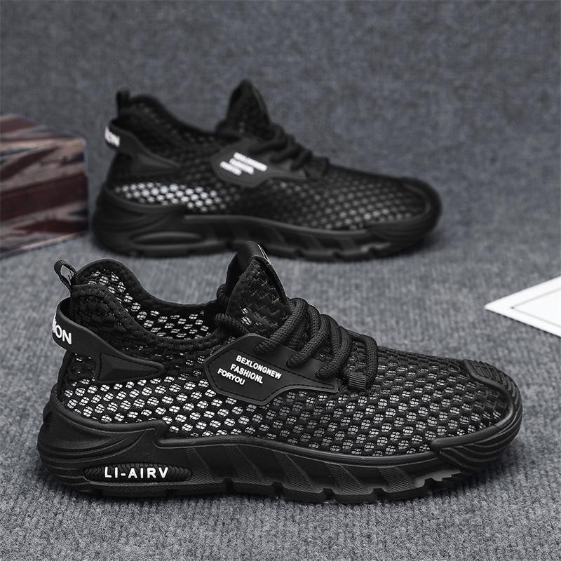 Summer large mesh hollow fly-woven casual men's shoes, black, beige, gray