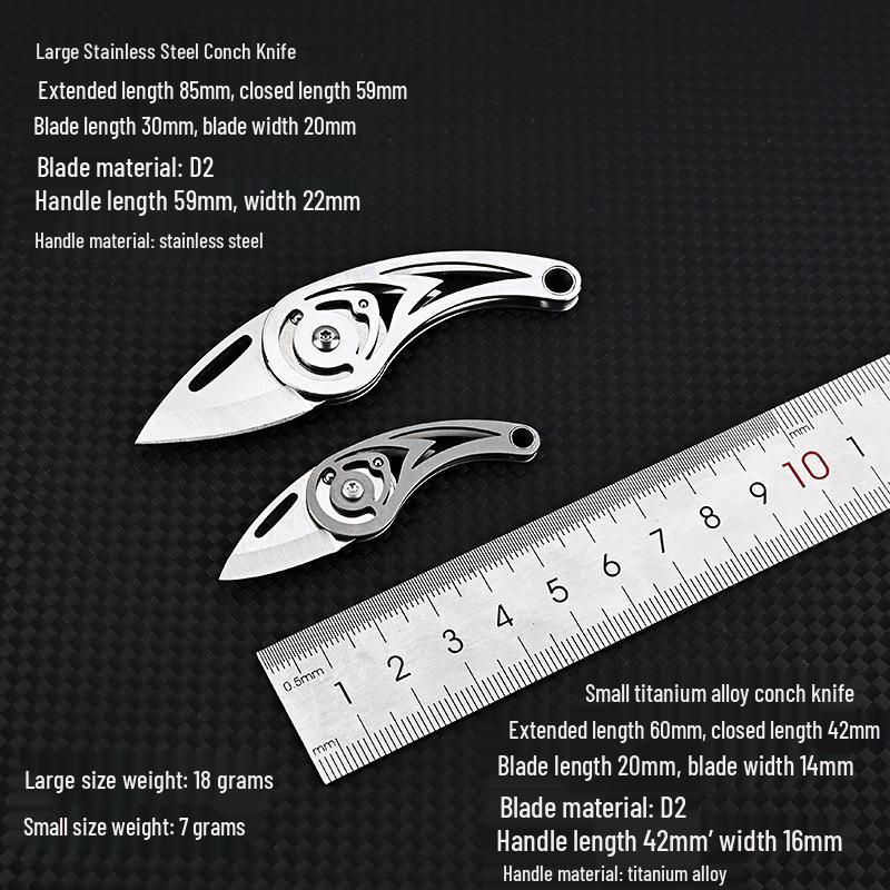 Conch Style Titanium Alloy Mini Knife with D2 Steel Blade, Stainless Steel Folding Design - Portable Keychain Box Opener