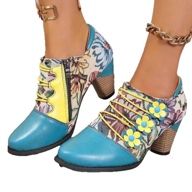 Autumn and Winter New Thick Heel High Heel Splicing Colored Jacquard Buckle Women's Boots Martin Boots