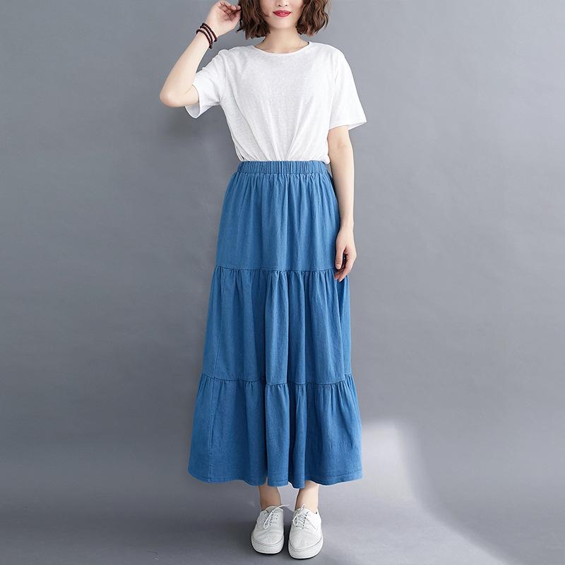 DX~~ New wash jeans kjol sommar plus size dam;s lång elastisk midja höft lös litterära tårt kjol