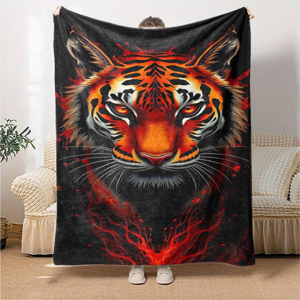 1pc Tiger Print Soft Warm Throw Blanket Nap Blanket For Couch Sofa Office Bed Camping Travel,Comfortable
