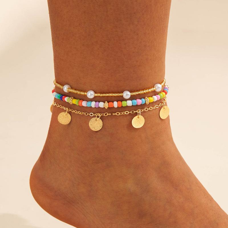 Accessories Bohemian Iron Disc Pendant Rice Bead Anklet Multi-layer Beach Foot Decoration Set