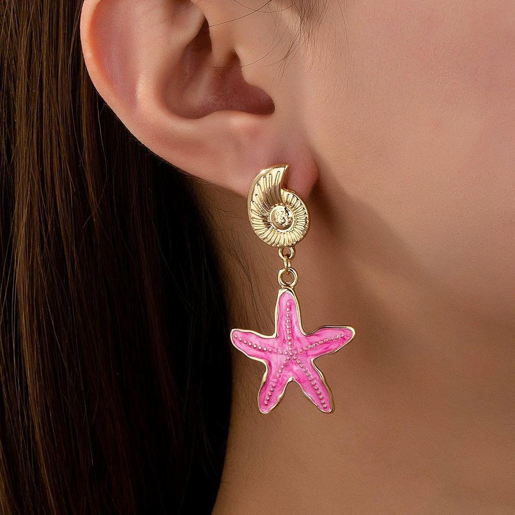 Ocean Starfish & Seashell Beach Earrings: European-American Childlike Metal Fashion
