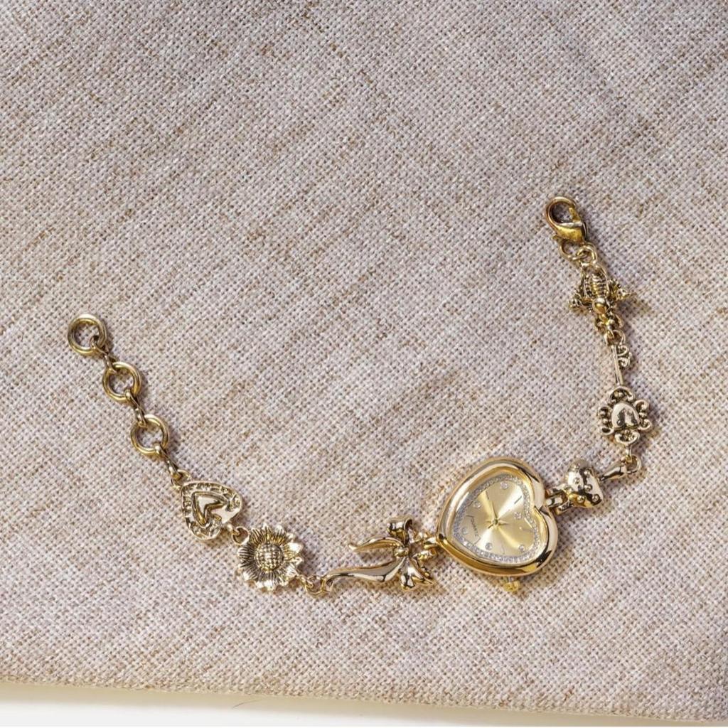 Orologio Bracciale a Cuore con Fiocco Oro Retrò per Donna