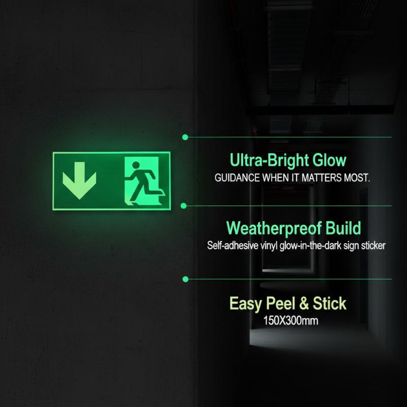 1 Sheet Glow-In-The-Dark Safety Exit Emergency Passage Sign Label Sticker Luminous Escape Direction Guide Sign Stickers