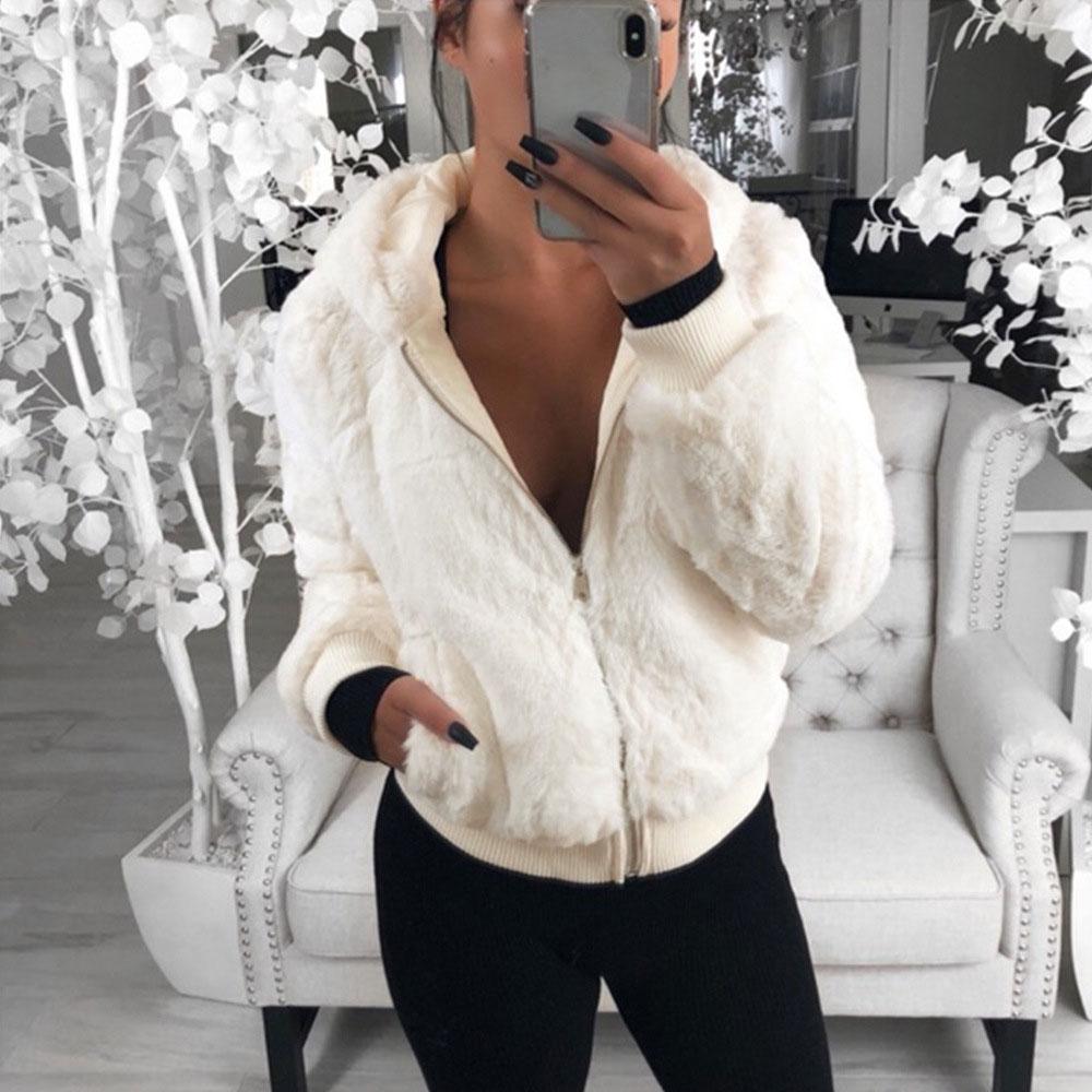 Winter Autumn Hooded Cropped Coats and Jackets Fluffy Fleece Jackets Faux Fur Coat Warm Outwear Clothing