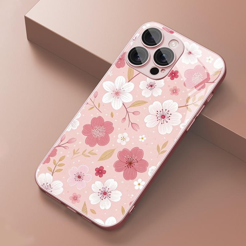 Pink White Flowers Pattern Metallic Tempered Glass Phone Case For iPhone 17 16 15 14 13 12 11 Pro Max 15 Plus 17 Air 17E Cover