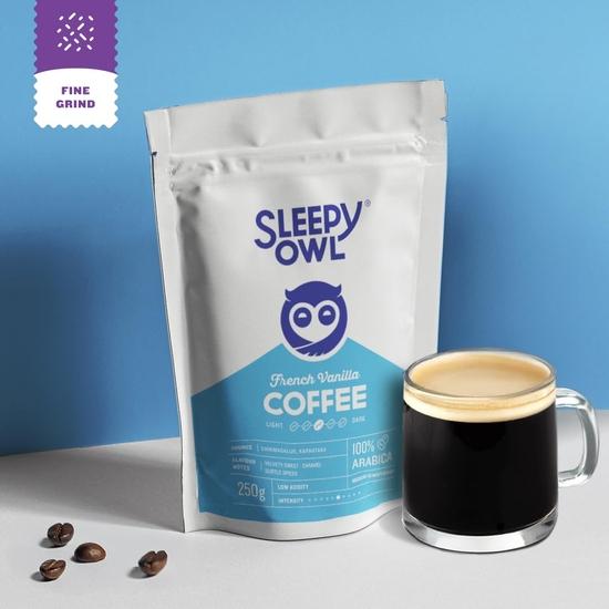 Sleepy Owl French Vanilla Ground Coffee | Fine Grind Coffee | Moka Pot, Home Espresso | Medium Roast | 100% Arabica | Freshly Roasted & Ground | 250g