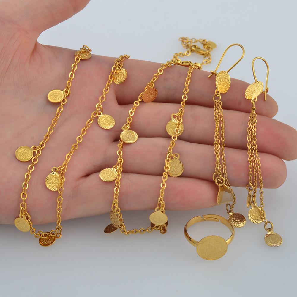 Anniyo Kleines Münzen-Schmuckset für Mädchen, Halskette, Ohrring, Armband, Ring, goldfarben, arabischer Juwelier, Metallmünzen für Kinder