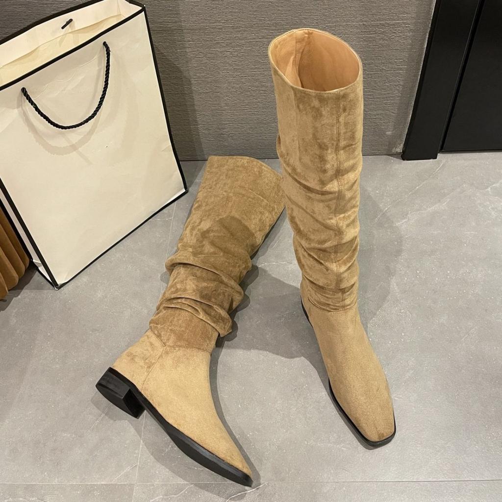 2025 autumn and winter new elastic boots square head low heel high tube fashion superb foreign style women's versatile stacking boots thin boots
