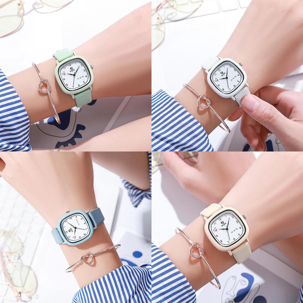 Student Fashion Square Heart Quartz Watch For High School Exams With Leather Strap
