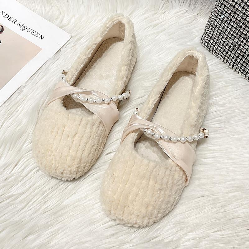 

Модная повседневная женская обувь, украшенная жемчугом, с круглым носком, женская обувь, лоферы с бантом, меховая, осенняя, слипоны, с бисером, удобная 40