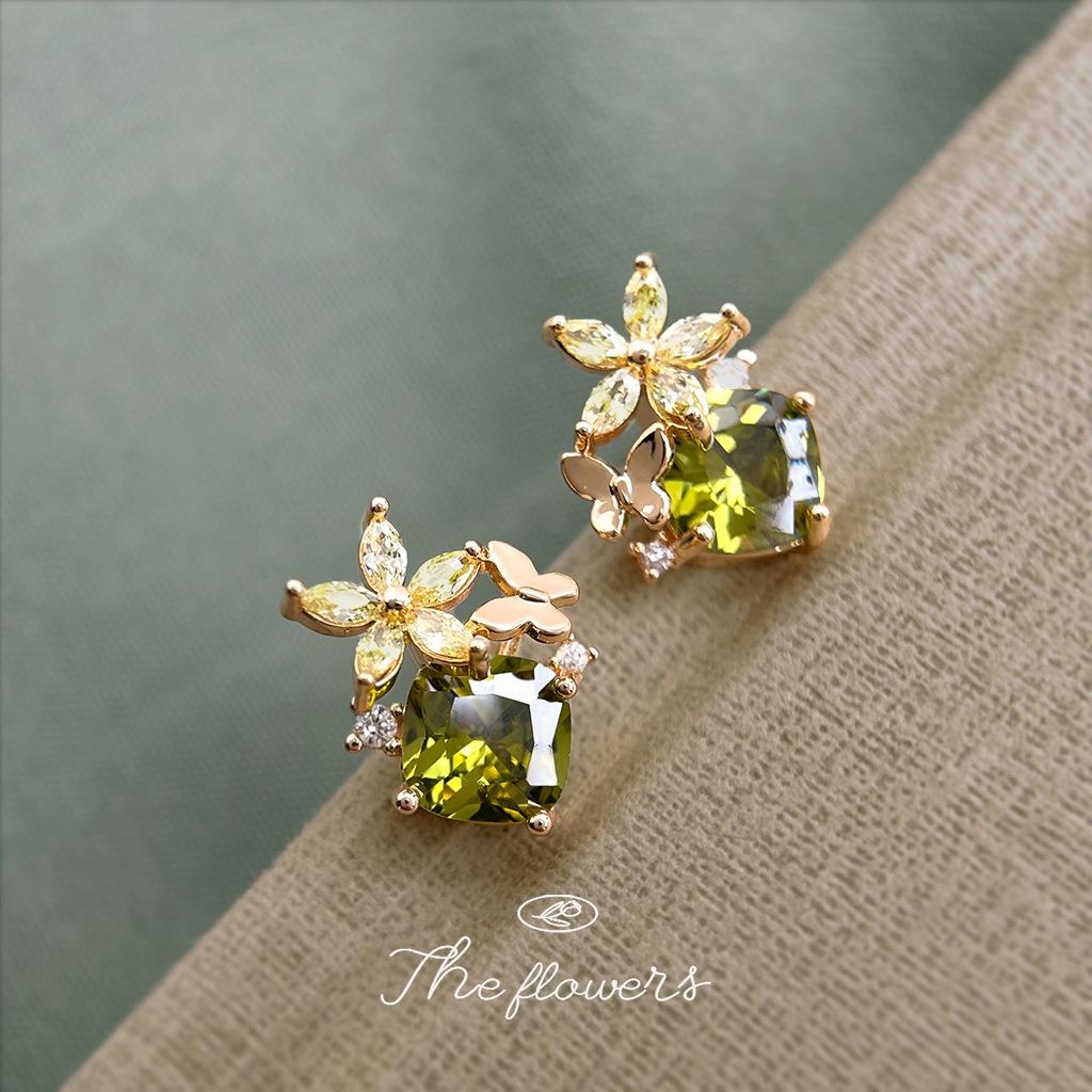 Mori olive green zircon needle plated flower butterfly fresh and sweet earrings stud earrings supply chain