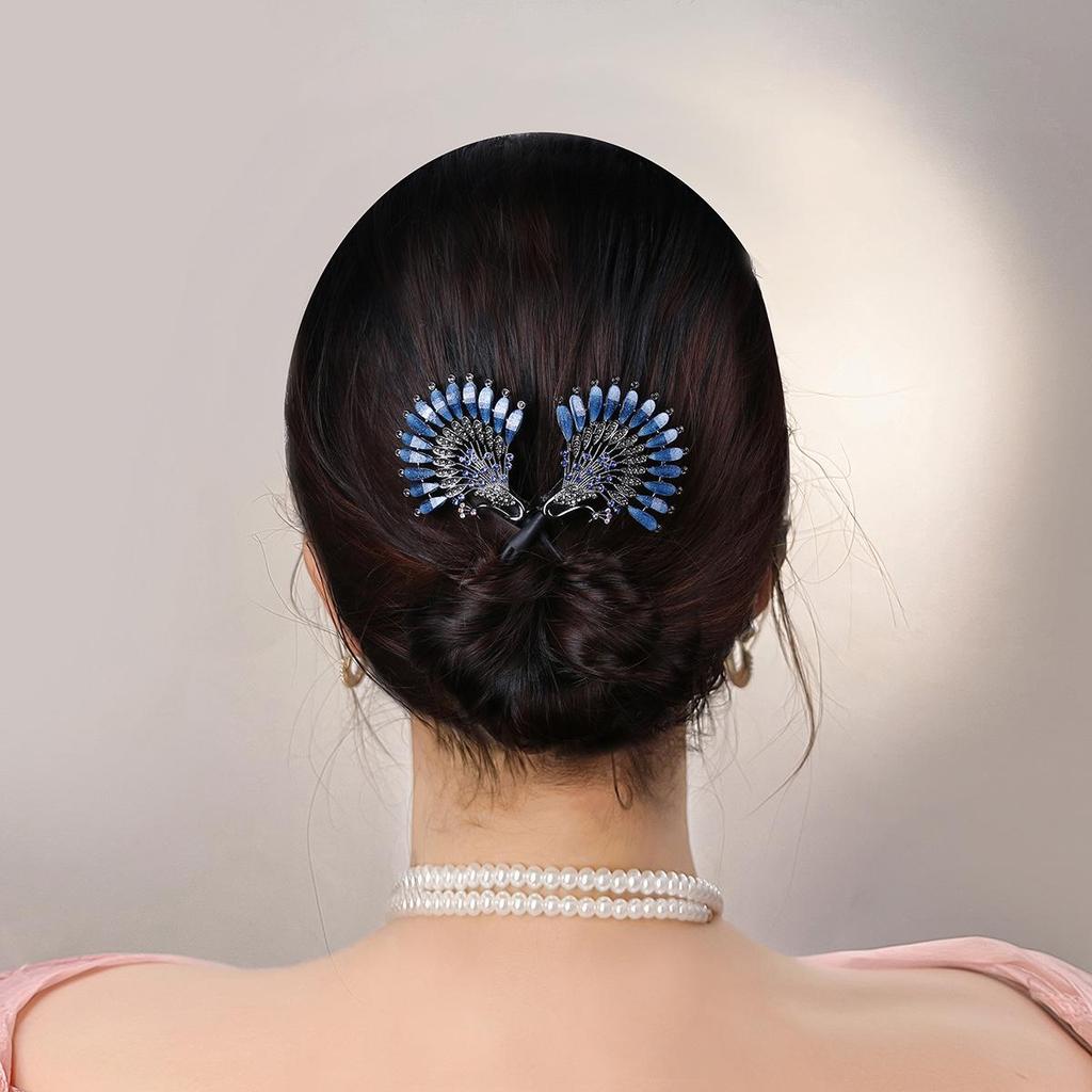 Elegant Blue Peacock Rhinestone Pearl Hair Clip - Retro Twist Bun Accessory
