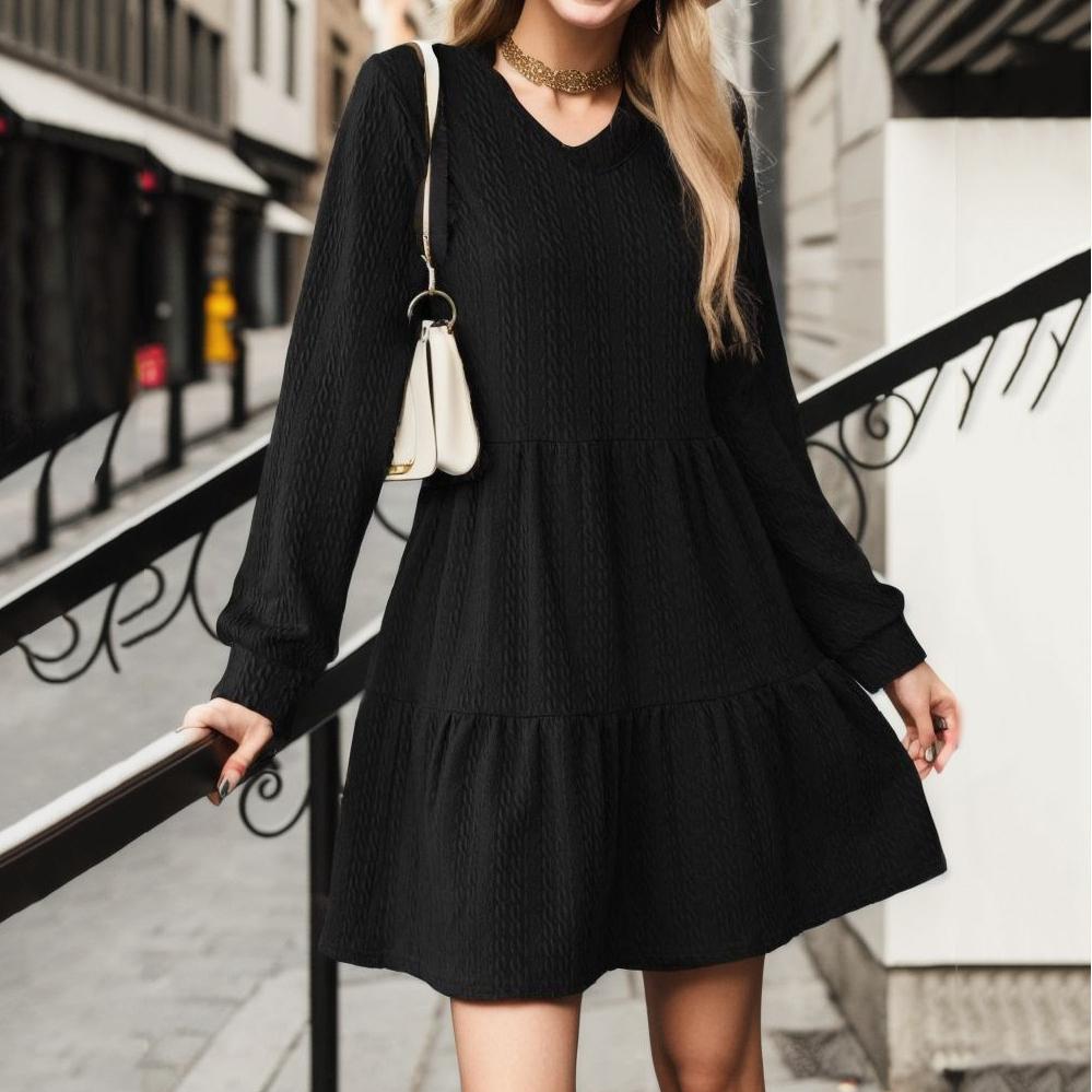 Spring and Autumn Women's Fashion V-neck Solid Color Stitching Long Sleeve Loose Dress